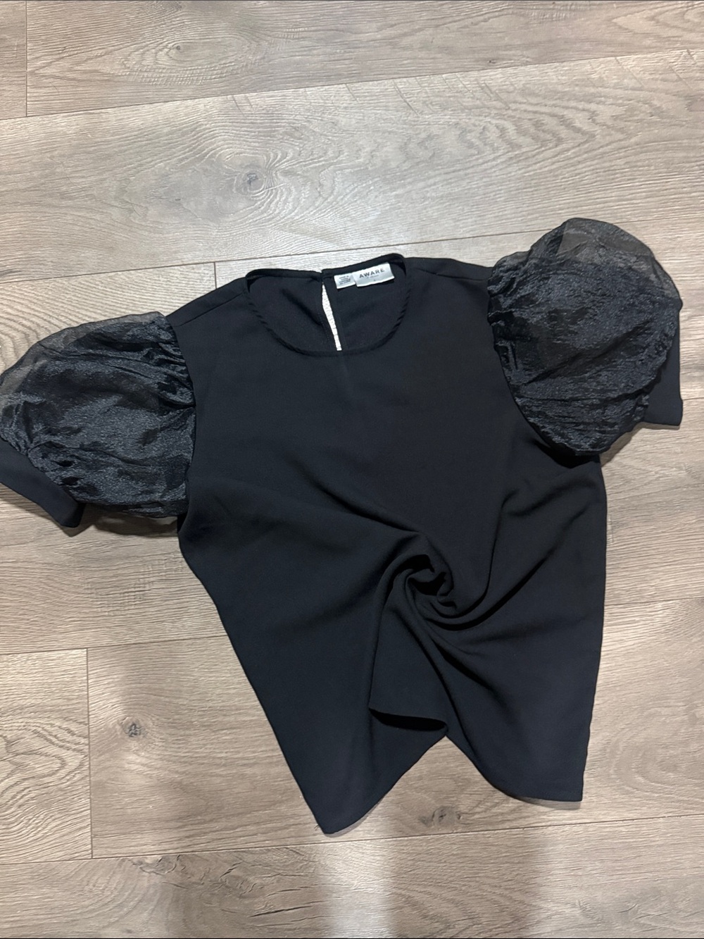 Black Puff-Sleeve Blouse with Sheer Textured Sleeves